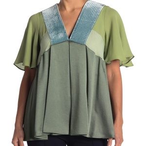 Valentino V-Neck Short Sleeve Colorblock Silk Shirt